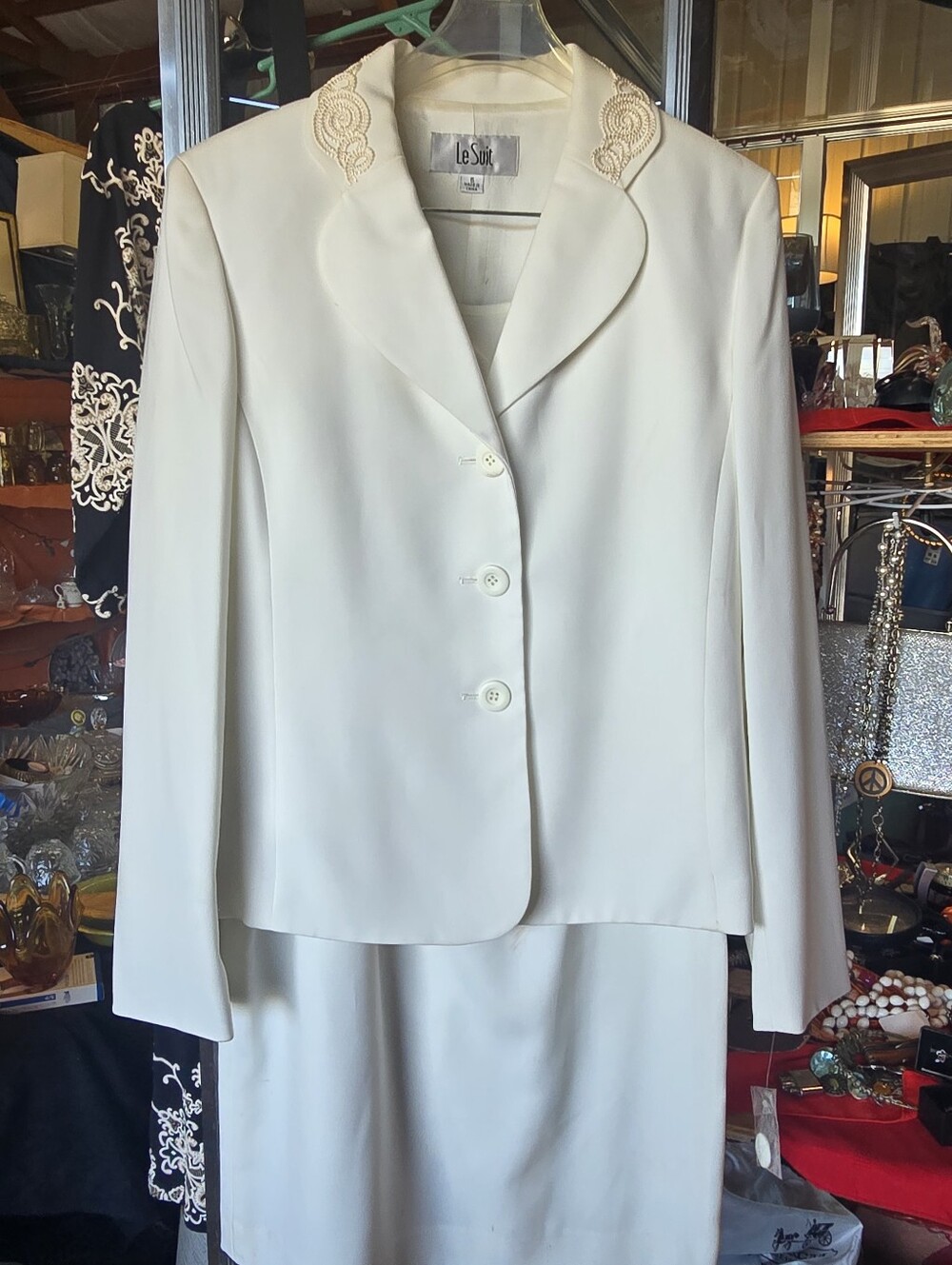 Le Suit White Midi Skirt Suit With Embroidered Details Size 6